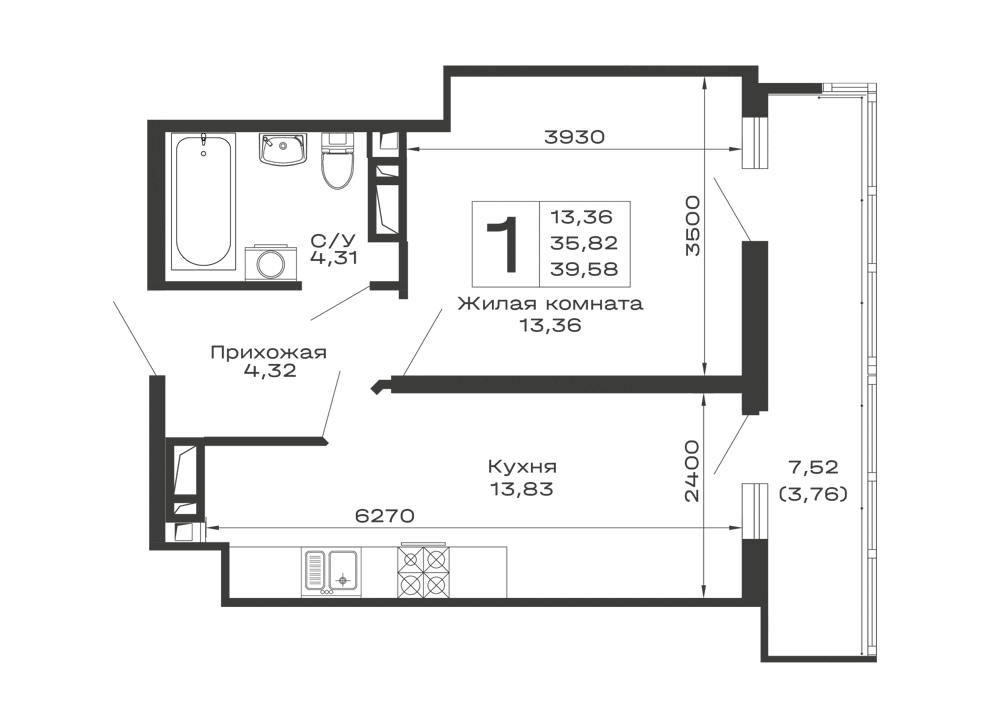 Планировка: 1-комн. квартира 39,6 м²