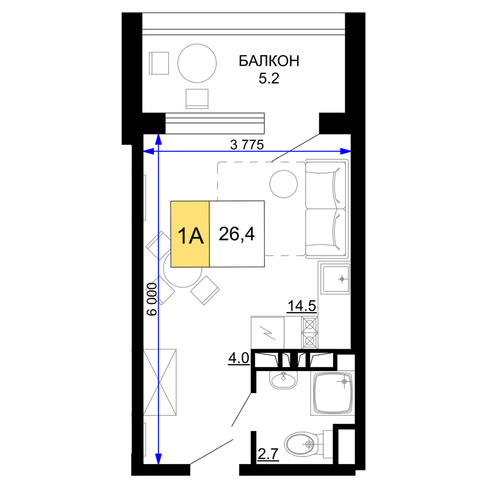Планировка 1-комнатная 26,4 м²