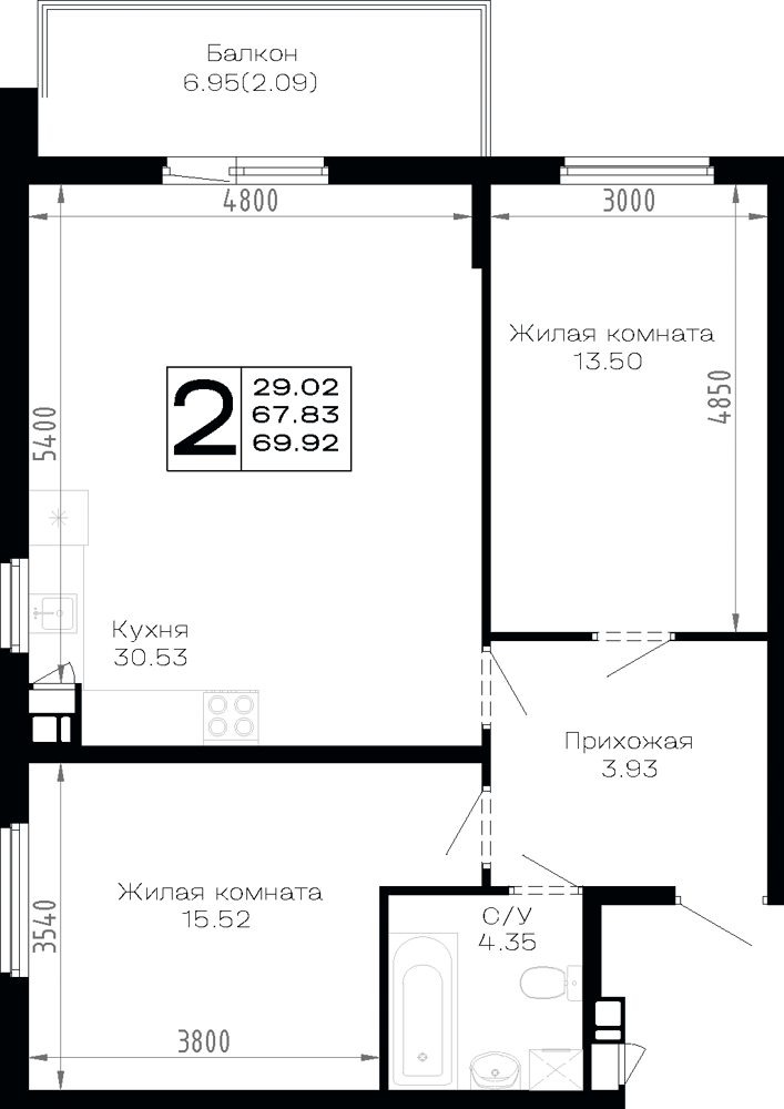 Планировка: 2-комн. квартира 69,9 м²
