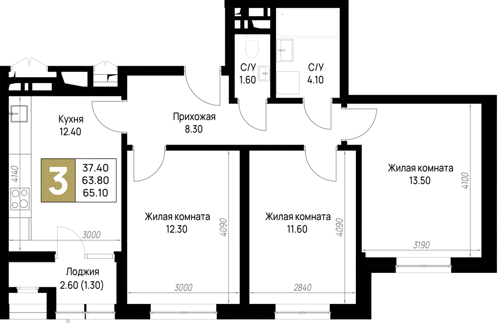Планировка 3-комнатная 65,1 м²