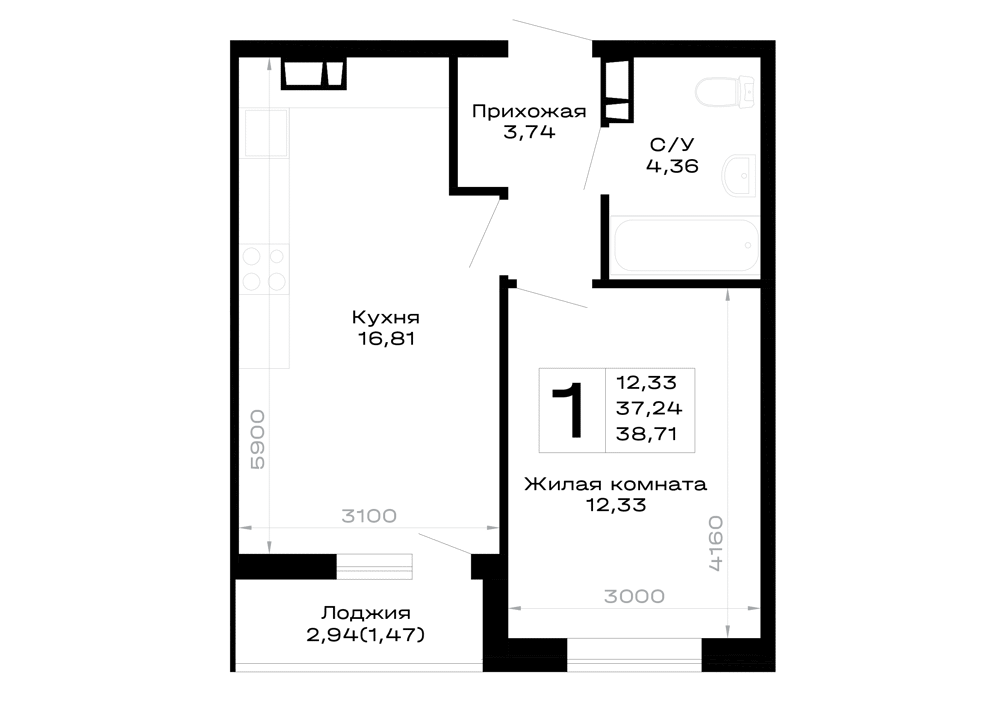 Планировка: 1-комн. квартира 38,7 м²