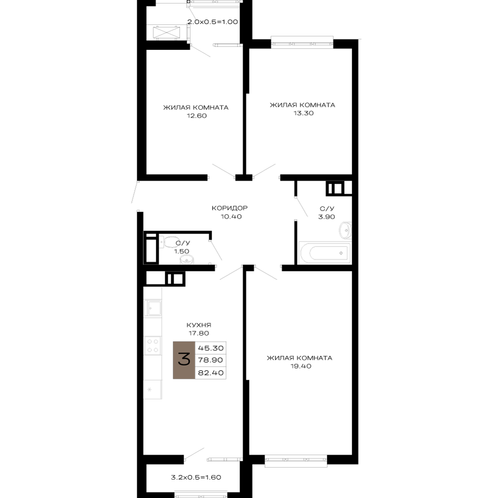 Планировка 3-комнатная 81,95 м²