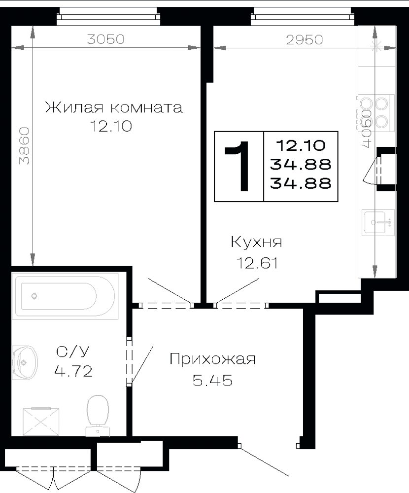 Планировка 1-комнатная 34,88 м²