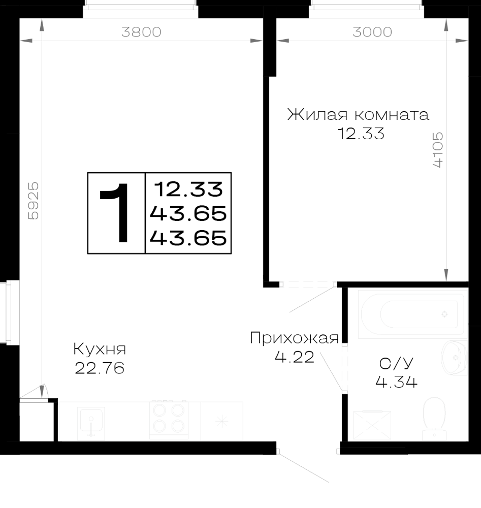 Планировка 1-комнатная 43,65 м²
