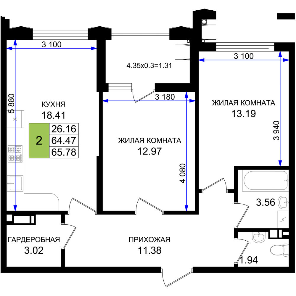 Планировка 2-комнатная 65,78 м²