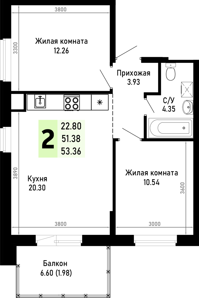 Планировка 2-комнатная 53,36 м²