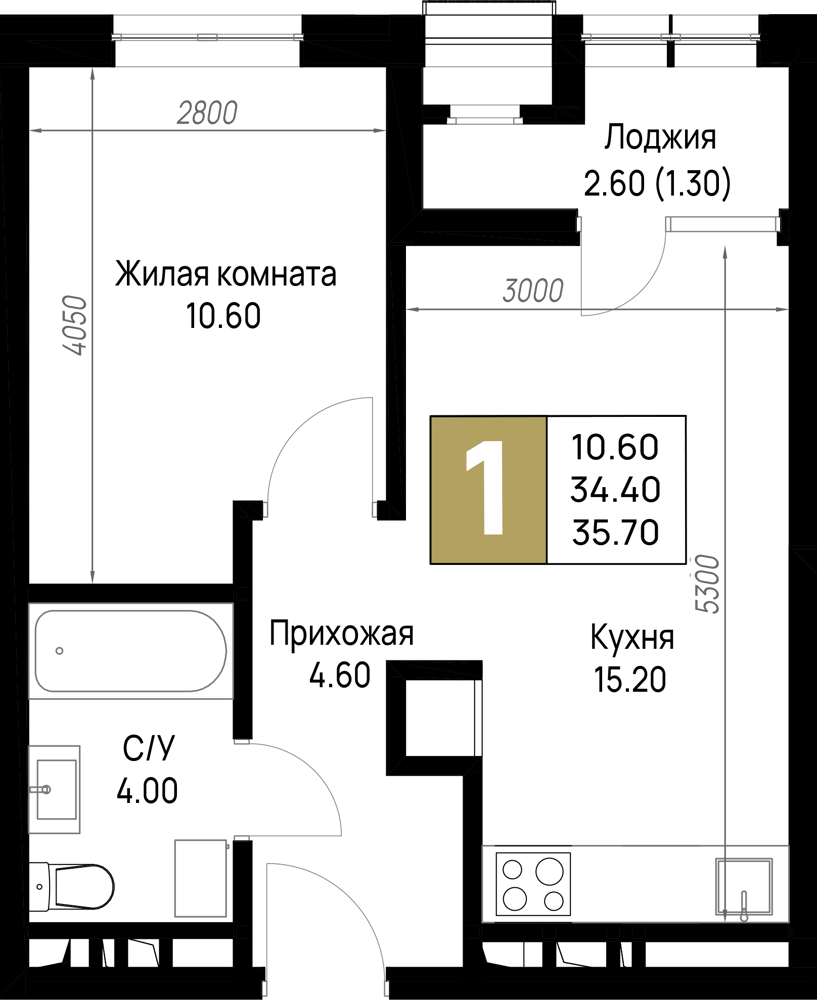Планировка: 1-комн. квартира 35,7 м²