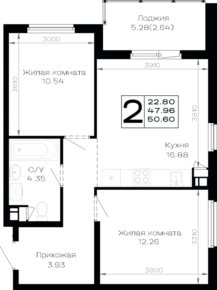 Планировка: 2-комн. квартира 50,6 м²