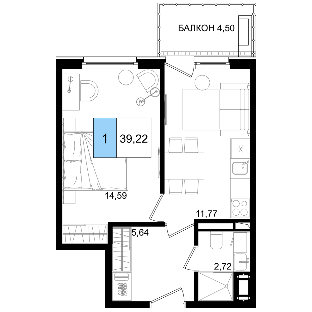 Планировка 2-комнатная 39,31 м²