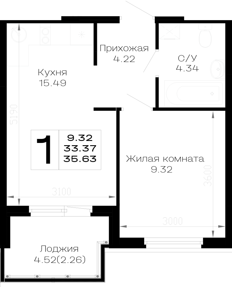 Планировка: 1-комн. квартира 35,6 м²