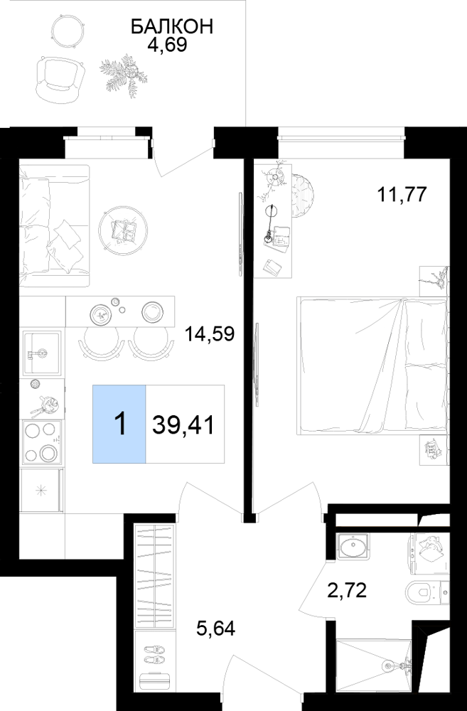 Планировка 2-комнатная 39,41 м²
