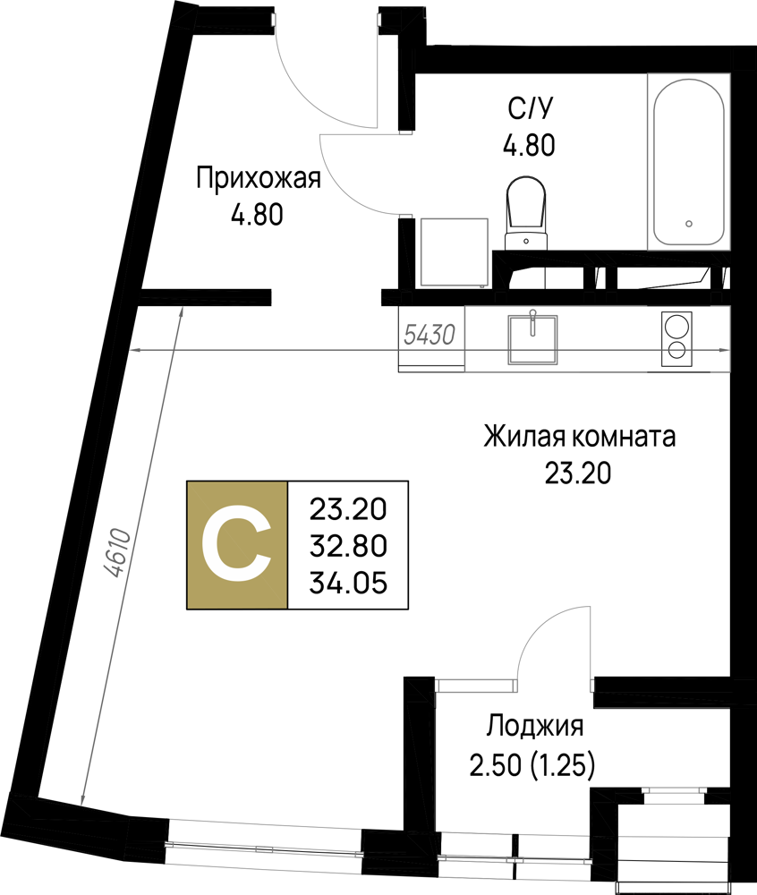 Планировка Студия 34,05 м²