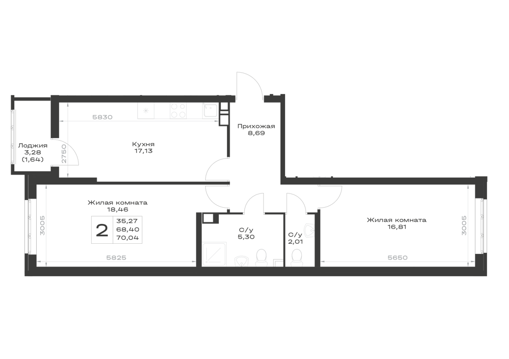 Планировка 2-комнатная 70,04 м²