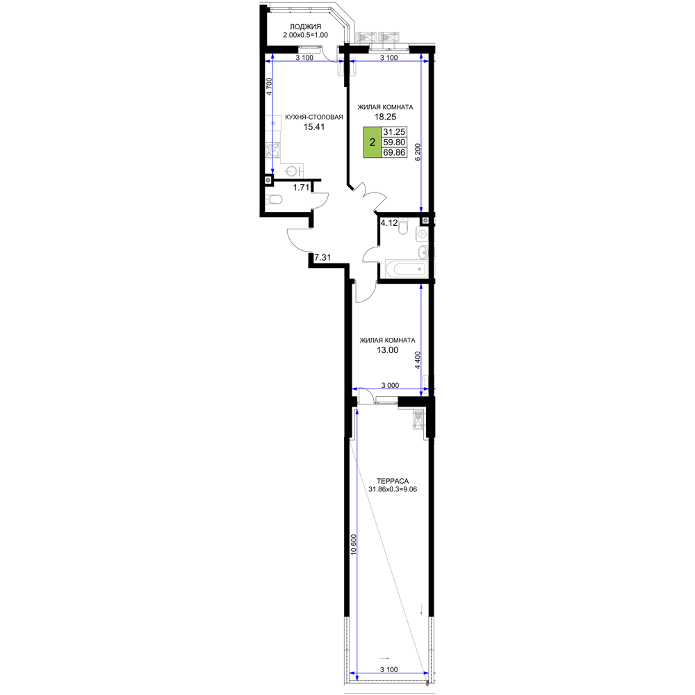 Планировка 2-комнатная 69,86 м²