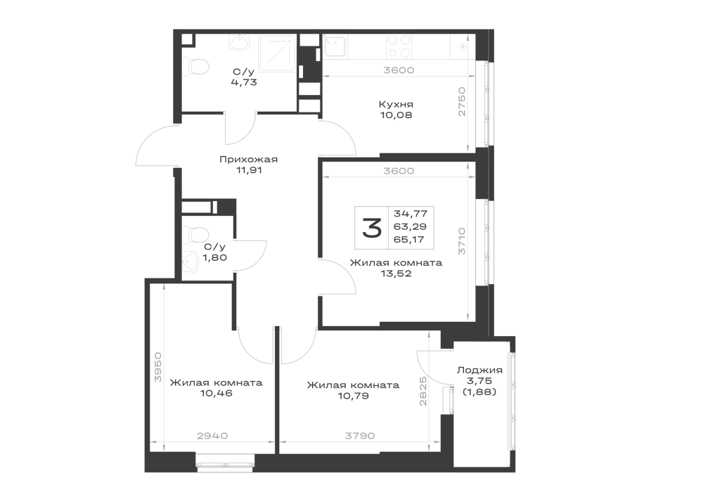 Планировка 3-комнатная 65,17 м²