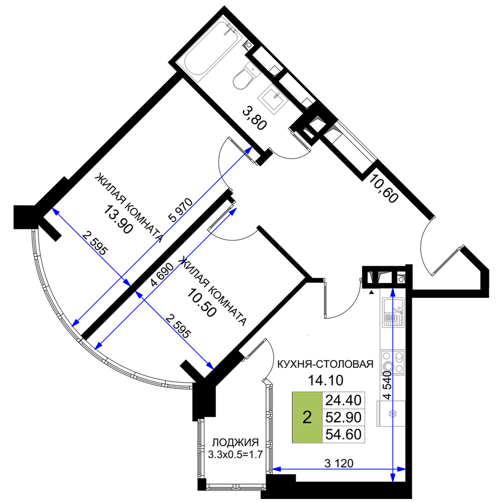 Планировка 2-комнатная 54,6 м²