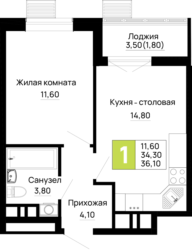 Планировка 1-комнатная 36,1 м²
