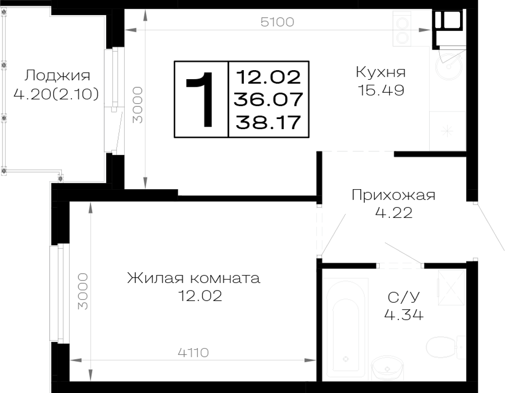 Планировка 1-комнатная 38,17 м²