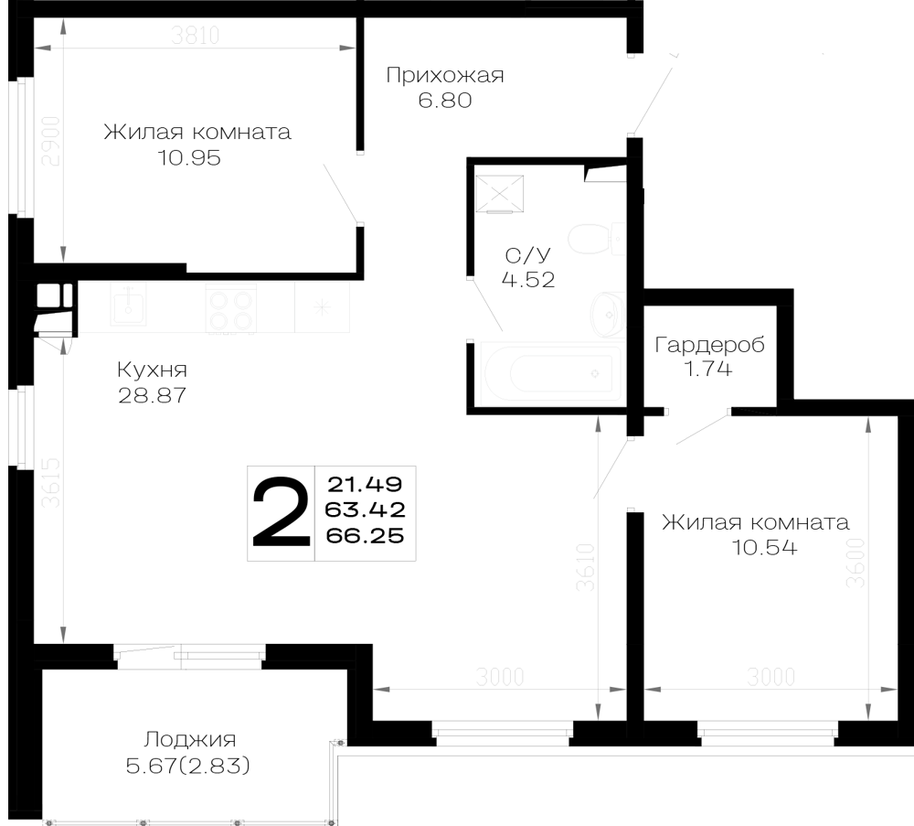 Планировка: 2-комн. квартира 66,3 м²