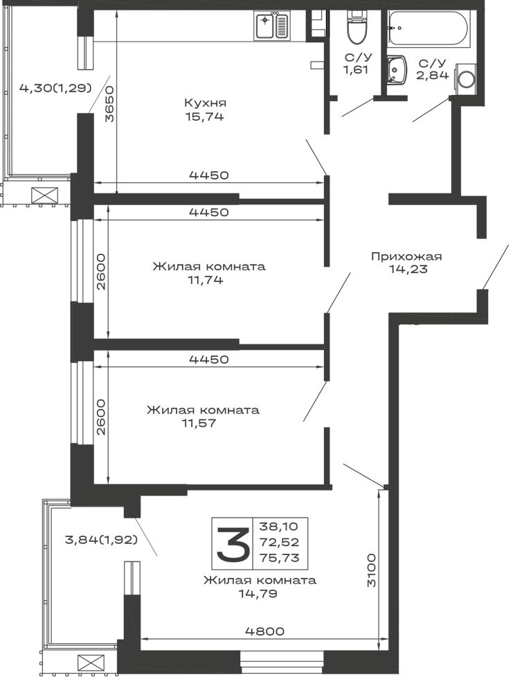 Планировка: 3-комн. квартира 75,7 м²