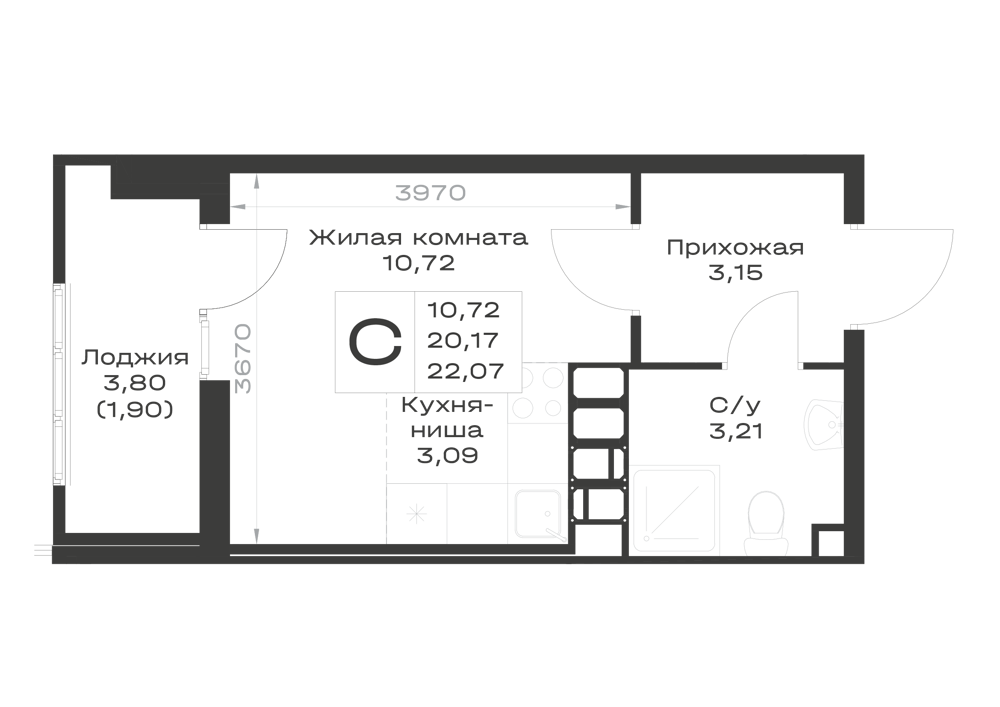 Планировка Студия 22,07 м²