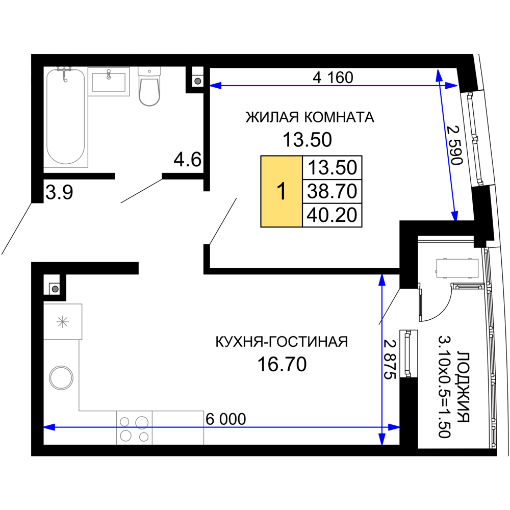 Планировка 1-комнатная 40,2 м²