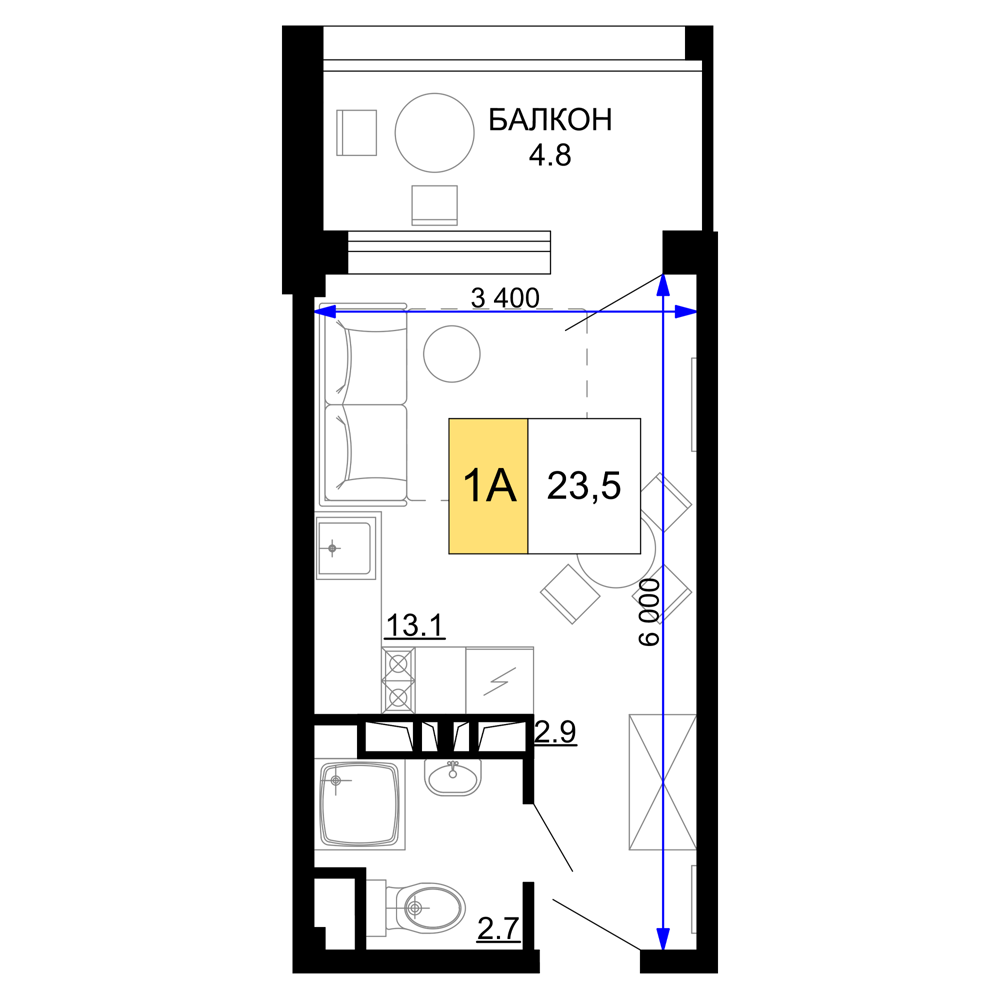 Планировка 1-комнатная 23,5 м²