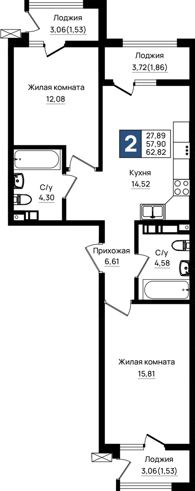 Планировка 2-комнатная 62,82 м²
