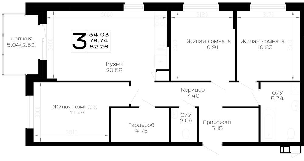 Планировка: 3-комн. квартира 82,3 м²
