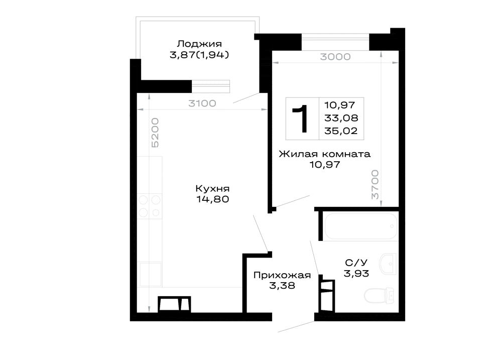 Планировка: 1-комн. квартира 35 м²