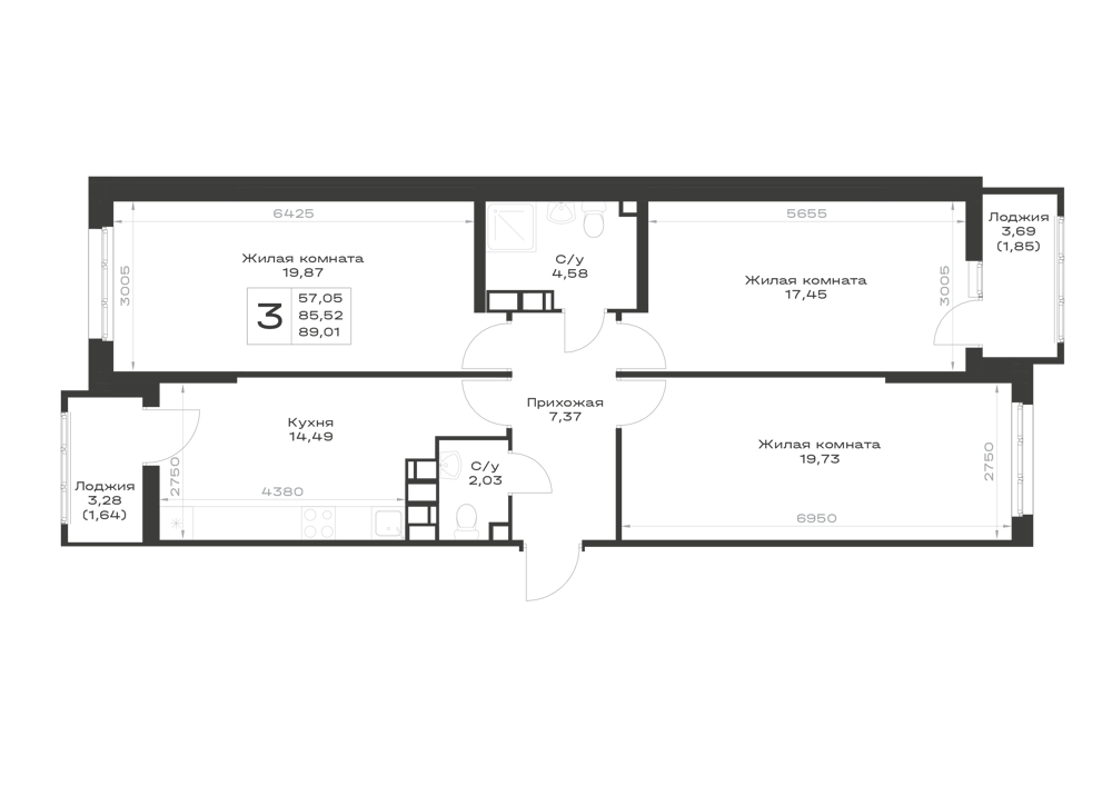 Планировка 3-комнатная 89,01 м²