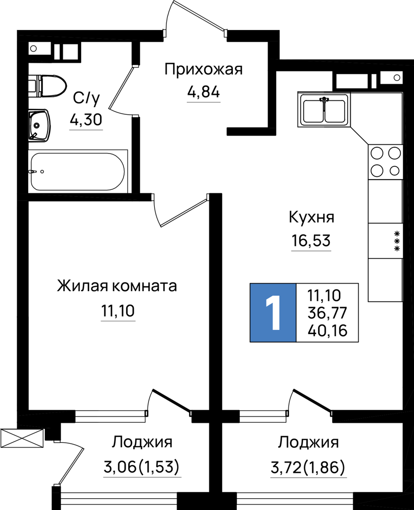 Планировка 1-комнатная 40,16 м²