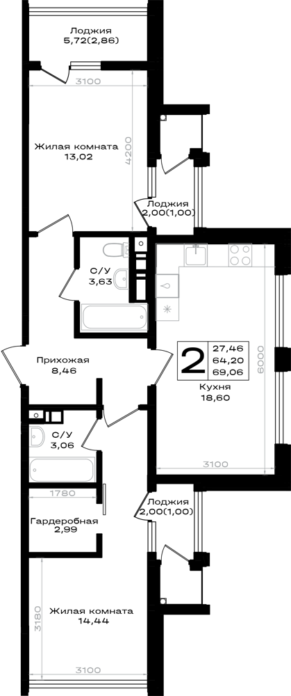 Планировка 2-комнатная 69,06 м²