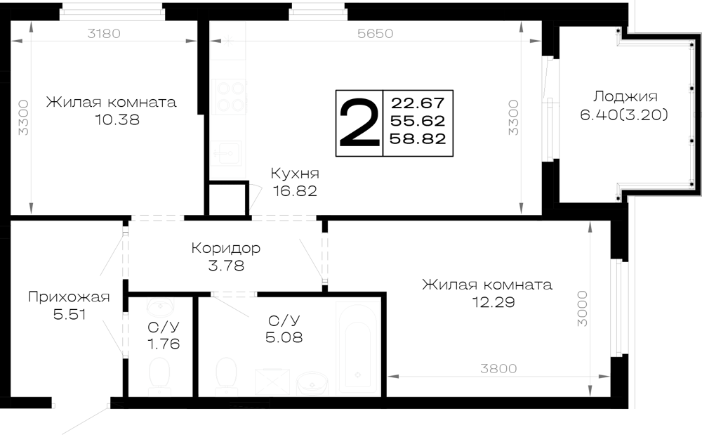 Планировка: 2-комн. квартира 58,8 м²