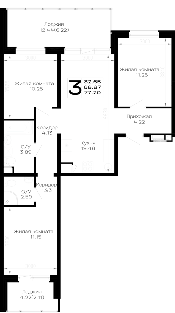 Планировка: 3-комн. квартира 77,2 м²