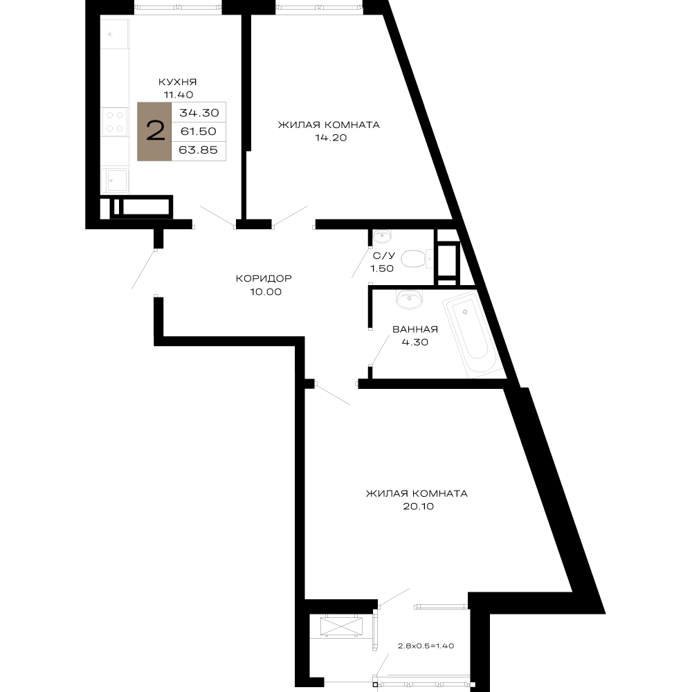 Планировка 2-комнатная 64,17 м²