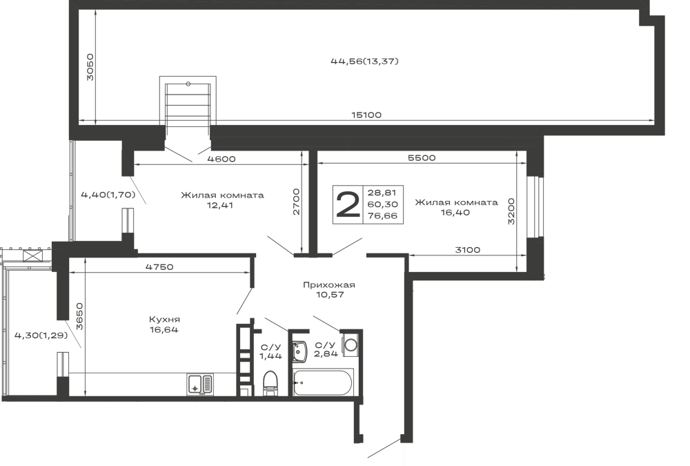 Планировка: 2-комн. квартира 76,7 м²