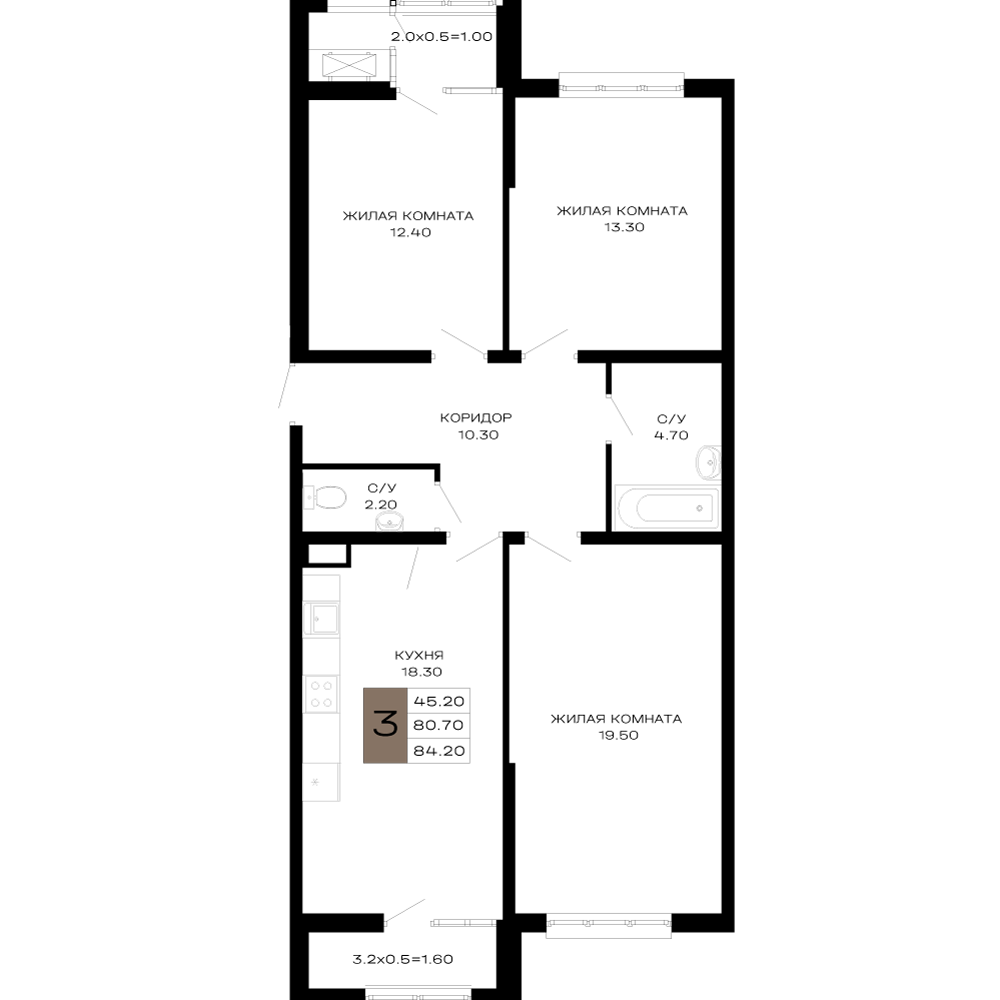 Планировка 3-комнатная 83,67 м²