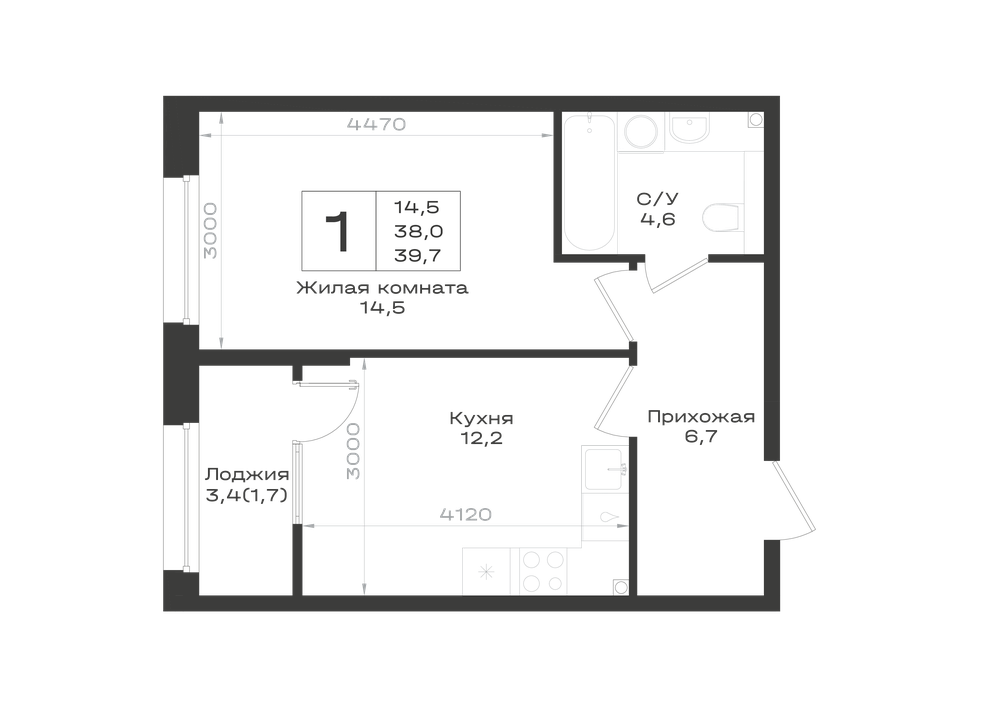 Планировка 1-комнатная 39,7 м²