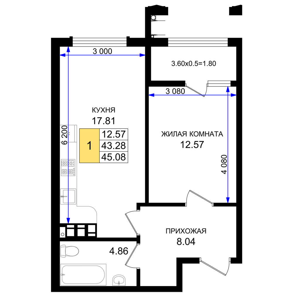 Планировка 1-комнатная 45,08 м²