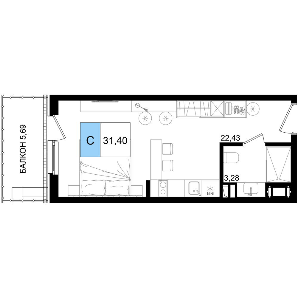 Планировка 1-комнатная 31,4 м²