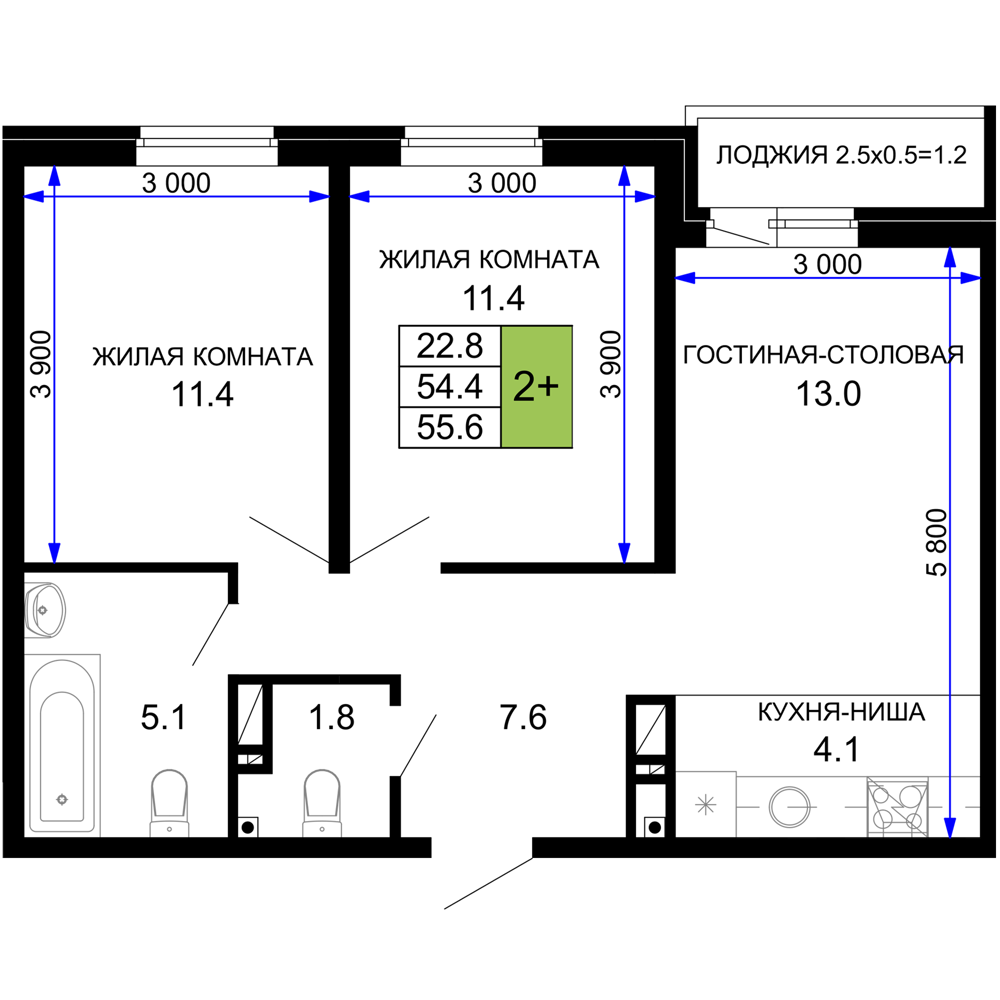Планировка 2-комнатная 55,6 м²
