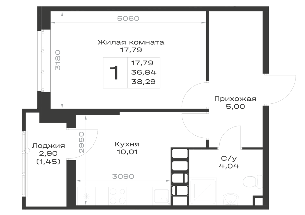 Планировка 1-комнатная 38,29 м²