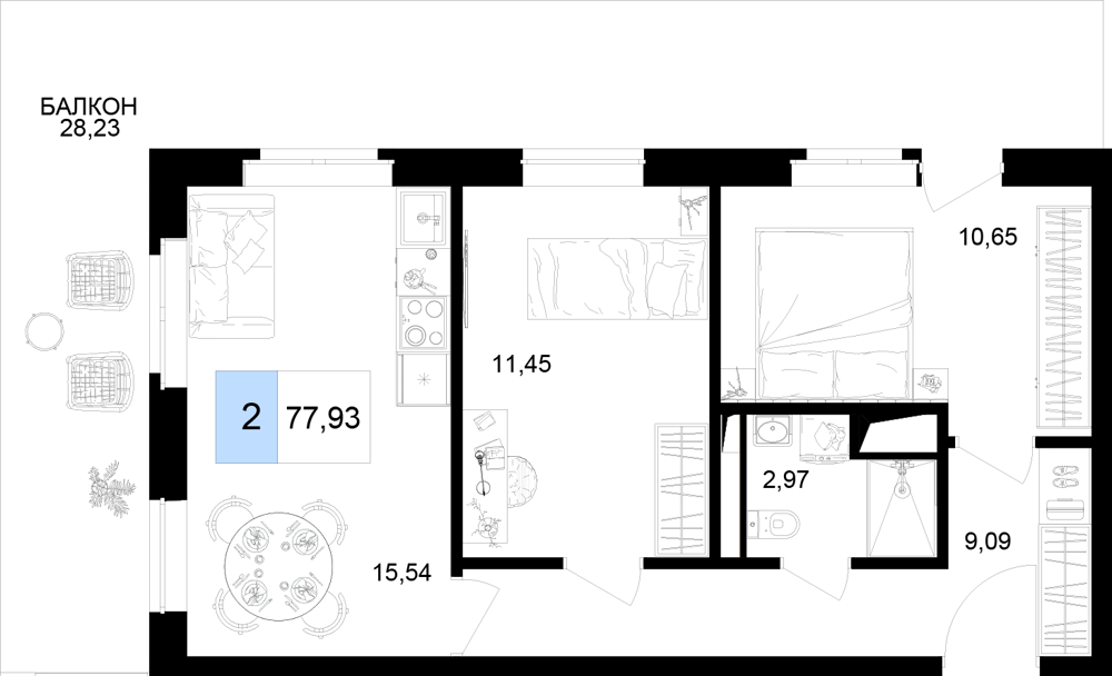 Планировка 3-комнатная 77,93 м²