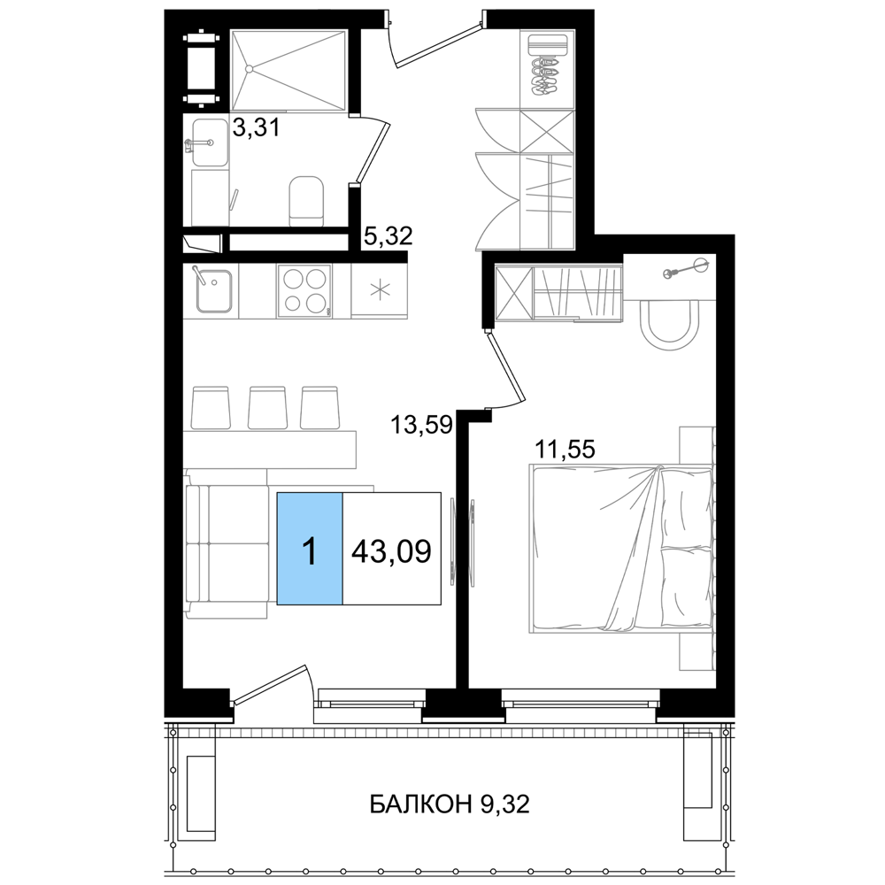 Планировка 2-комнатная 43,09 м²