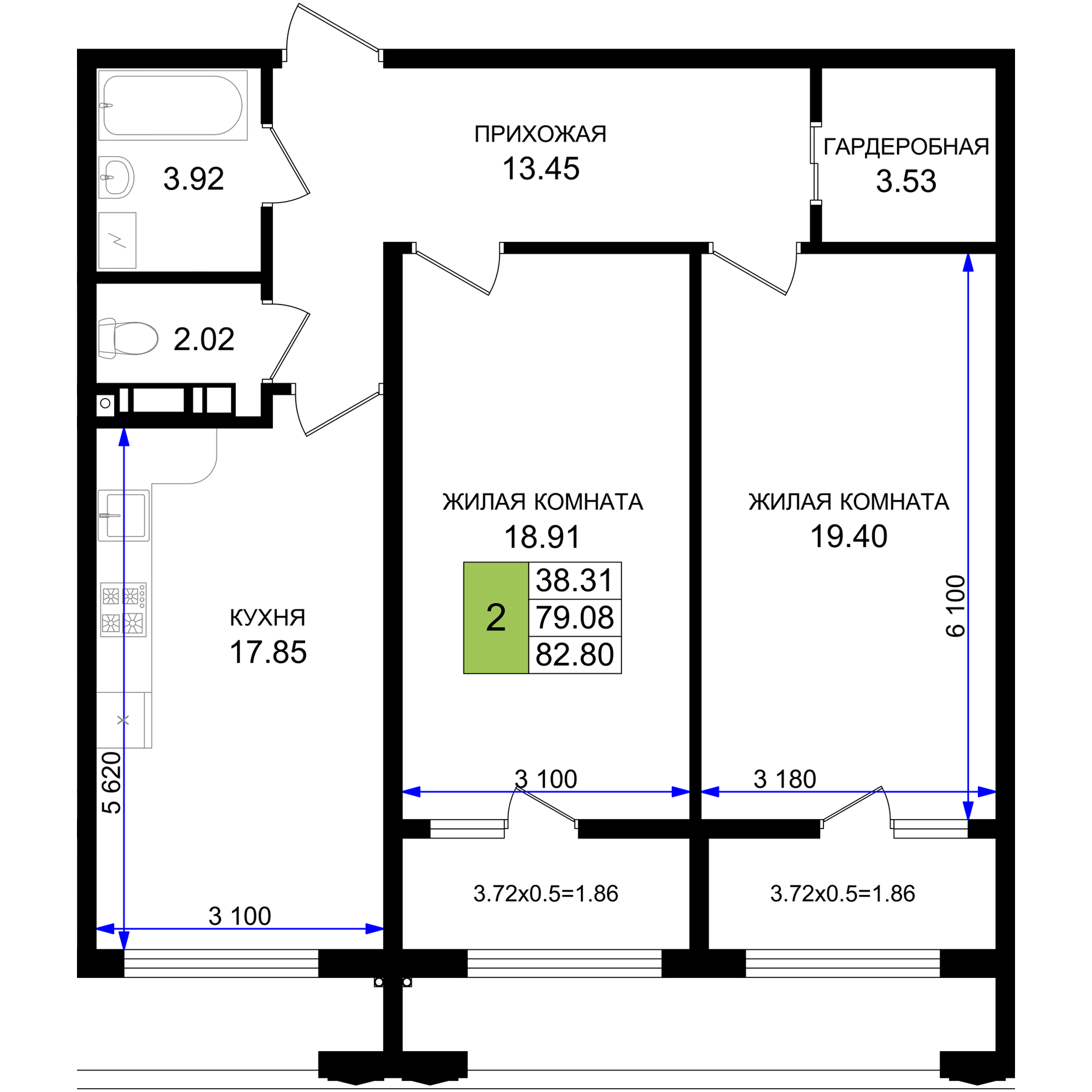 Планировка: 2-комн. квартира 82,8 м²