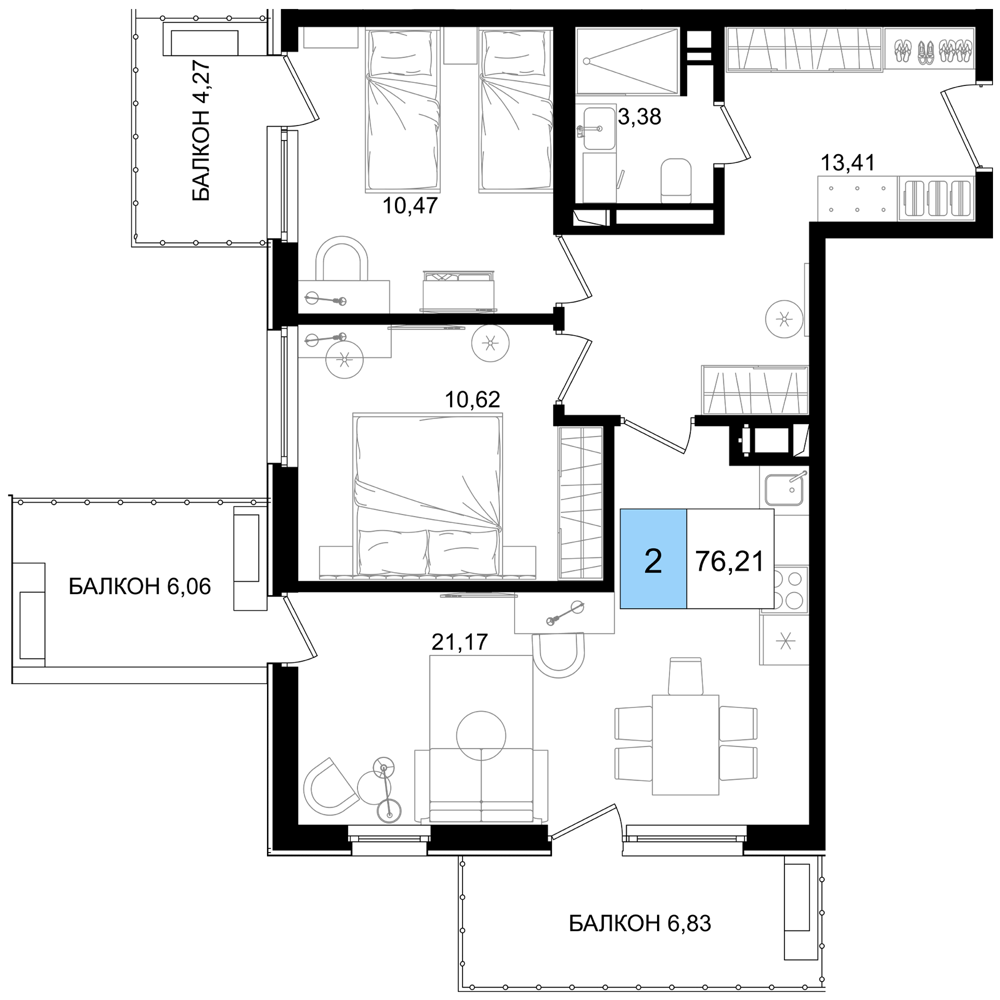 Планировка 3-комнатная 76,21 м²