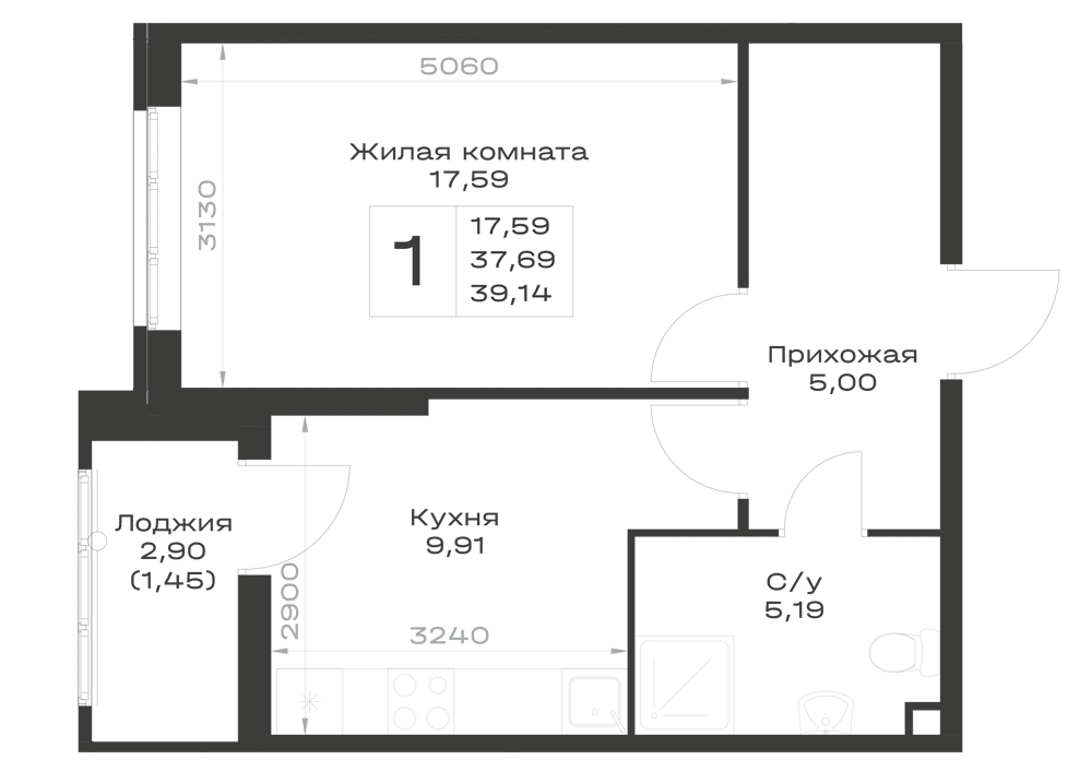 Планировка 1-комнатная 39,14 м²