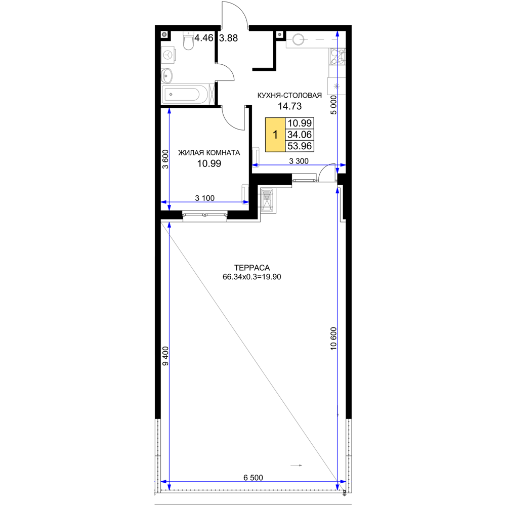 Планировка: 1-комн. квартира 54 м²