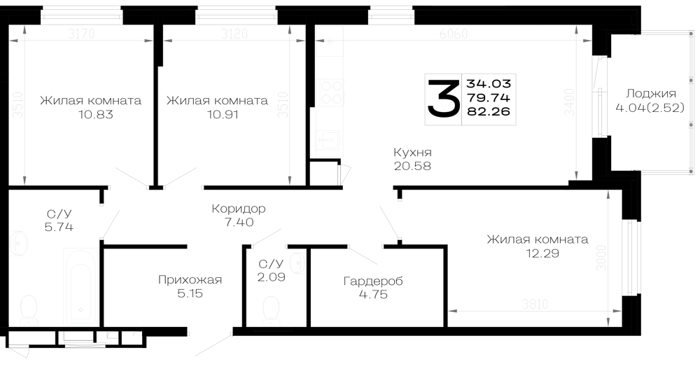 Планировка: 3-комн. квартира 82,3 м²